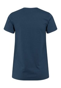 Tumši zils kokvilnas T-krekls ar īsām piedurknēm, apaļu kakla izgriezumu un gludu tekstūru. Nav redzamu grafisku elementu vai papildu detaļu.