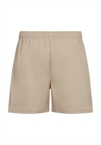 Pantalones cortos de algodón beige con cintura elástica, corte recto y sin bolsillos. Textura suave con un diseño simple y sin adornos.