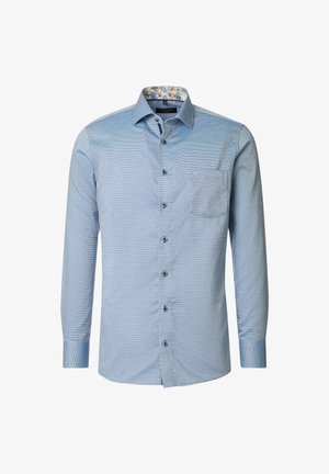 Light blue, long-sleeve shirt with small, dark patterns, buttoned front, and single chest pocket. Floral print inside collar.