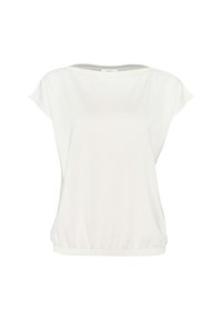 Top bianco a maniche corte con vestibilità rilassata, presenta un collo rotondo, orlo arricciato e tessuto morbido e leggero. Nessun motivo o decorazione.