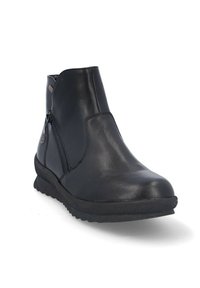 Botín de cuero negro hasta el tobillo con punta redonda, cremallera lateral y suela de goma texturizada. Cuenta con un acabado suave y costuras mínimas.