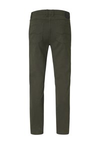 Olive green denim pants with a straight design, two back pockets, and a sturdy waistband featuring a brand label at the back.