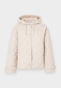 Ανοιχτό μπεζ καπιτονέ μπουφάν με κουκούλα, κλείσιμο με κουμπιά πιεστικά, μακριά μανίκια και ρυθμιζόμενες μανσέτες.