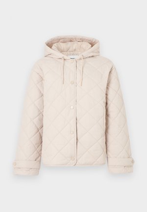 Svetlo bež prešita jakna s kapuco, zapenjanje na pritisne gumbe, dolgi rokavi in nastavljivi manšetni.