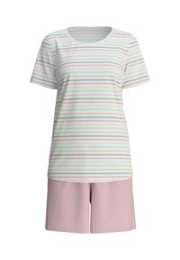 Gestreept shirt met korte mouwen in pastelkleuren (roze, blauw, grijs) en bijpassende roze shorts. Zachte stof, losse pasvorm, ronde halslijn, casual ontwerp.