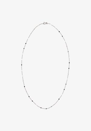 Delicate zilveren ketting met gelijkmatig verdeelde kleine zwarte en zilveren kralen, bevestigd met een veerhaaksluiting.