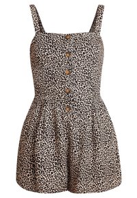 Ärmlös rompers i leopardmönster med fyrkantig halsringning, knappstängning fram och rynkad midja för en utfläkt shortsdesign.