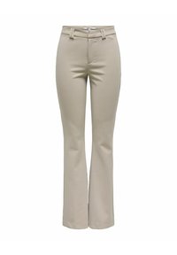 Pantalon évasé beige en tissu lisse et extensible. Il présente une taille haute, des passants pour ceinture et un devant plat avec une braguette à glissière.