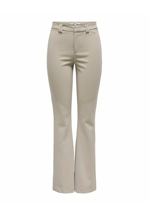 Pantalon évasé beige en tissu lisse et extensible. Il présente une taille haute, des passants pour ceinture et un devant plat avec une braguette à glissière.