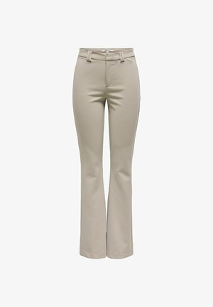 Beige flared trousers made of a smooth, stretchy fabric. Features a high waist, belt loops, and a flat front with a zip fly.