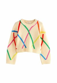 Pull en crème tricoté avec une texture nervurée, présentant des motifs diagonaux colorés en rouge, bleu, vert, rose et jaune. Design crop.