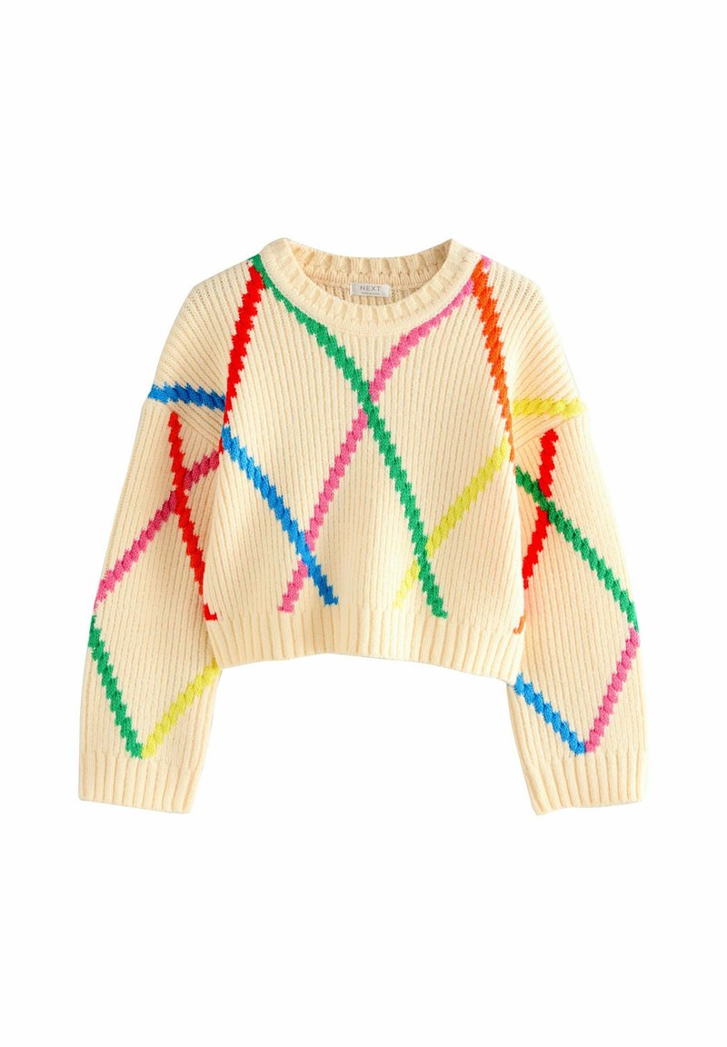 Pull en crème tricoté avec une texture nervurée, présentant des motifs diagonaux colorés en rouge, bleu, vert, rose et jaune. Design crop.