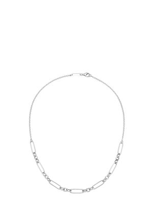 Silberne Kettenhalskette mit verlängerten Gliedern, die abwechselnd mit kleineren, miteinander verbundenen Teilen versehen ist, abgeschlossen mit einem Karabinerverschluss.