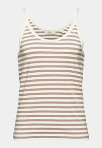 Ärmlös linne med horisontella beige och vita ränder, rund halsringning och liten persikofärgad hjärtapplikation nära vänster axel.