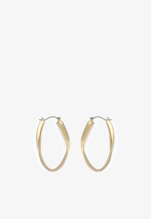 Gold, twisted hoop earrings featuring a smooth, polished surface and a small metal hook closure. Lightweight design, elegant shape.