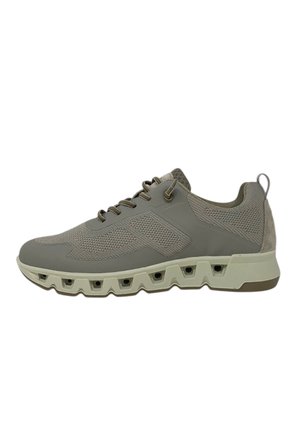 Sneaker sportiva marrone chiaro con pannelli in mesh e solidi, chiusura frontale con lacci, collarino imbottito e suola spessa e ventilata.