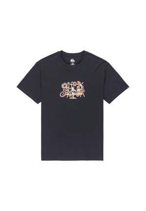 T-shirt preta de mangas curtas com um design abstrato em laranja de flores e escrita centralizado no peito, decote redondo e corte casual.