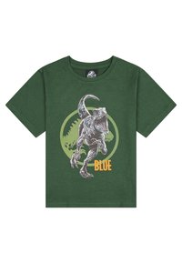 Camiseta de algodón verde con una gráfica de un dinosaurio, "Blue", con un fondo circular. Diseño de manga corta y cuello redondo.