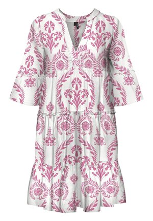 Witte jurk met roze bloemmotief, V-hals, driekwart mouwen, gerimpelde laagjes aan de zoom, lichtgewicht stof en fijne details overal.