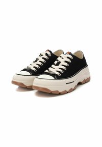 Zapatillas de lona negras con suela gruesa de goma blanca y color goma, cuentan con cordones beige, una puntera blanca y costuras decorativas en los laterales.