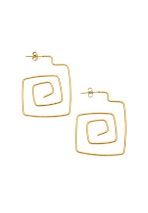 Oorbellen van dun goudkleurig draad in de vorm van open, spiraalvormige vierkanten met stekers.
