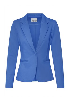 Blazer albastru cu croială adaptată, revere cu decupaj, două buzunare frontale și închidere cu nasturi. Material neted cu un luciu subtil.