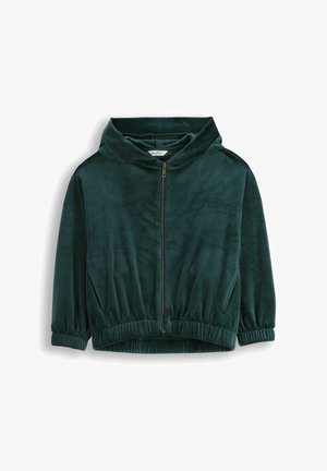 Zielona welurowa bluza zapinana na zamek z wysokim kołnierzem, elastycznym pasem i bocznymi kieszeniami. Miękka tekstura, długie rękawy i dopasowany krój.