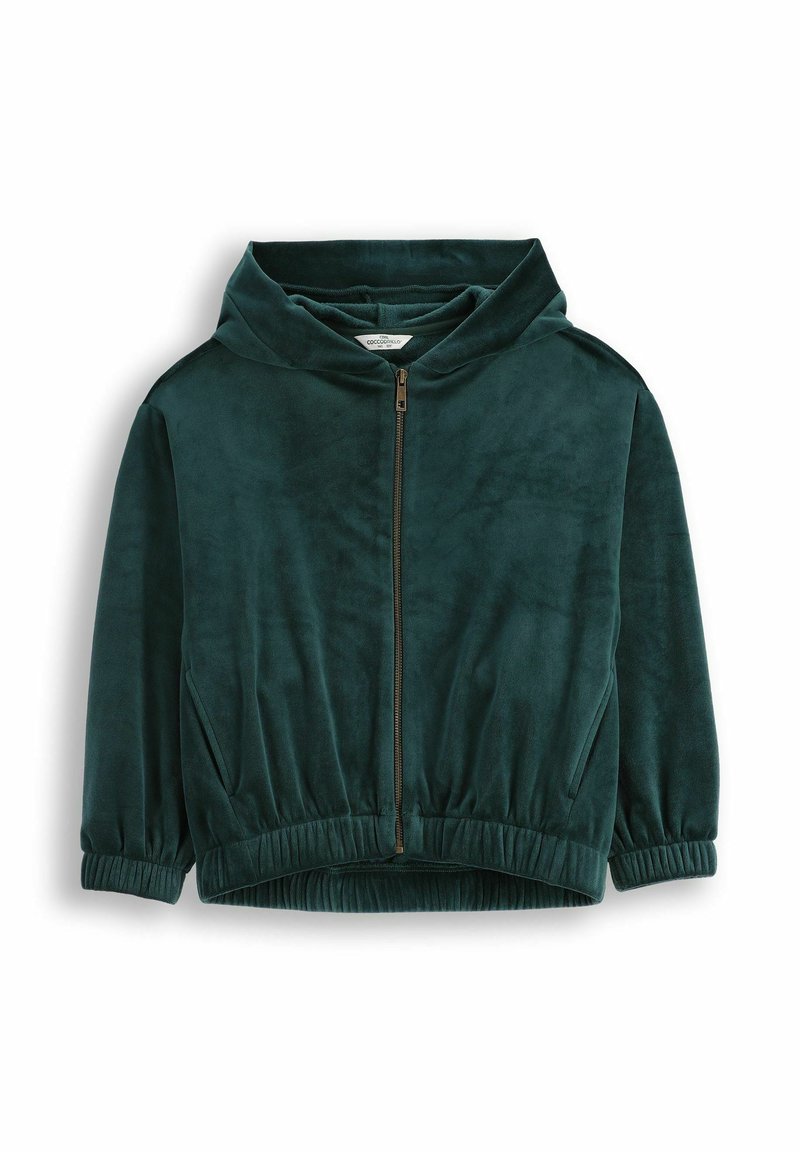 Zielona welurowa bluza zapinana na zamek z wysokim kołnierzem, elastycznym pasem i bocznymi kieszeniami. Miękka tekstura, długie rękawy i dopasowany krój.