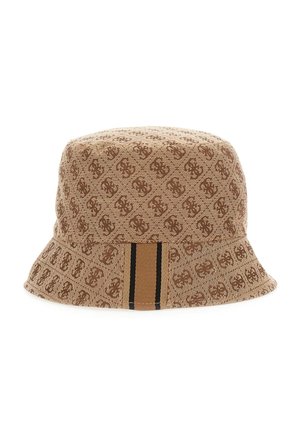 Bob couleur beige avec motif monogramme marron sur toute la surface et bande verticale beige et noire à l'avant.