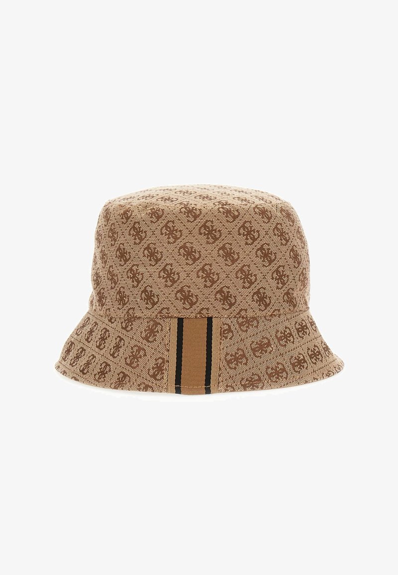 Bob couleur beige avec motif monogramme marron sur toute la surface et bande verticale beige et noire à l'avant.