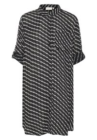 Robe-chemise noire à manches courtes avec un motif répétitif de kangourous blancs et un col pointu.