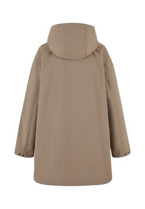 Beżowy wodoodporny płaszcz przeciwdeszczowy z kapturem, długimi rękawami i regulowanymi zatrzaskami na mankietach, pokazany od tyłu na białym tle.
