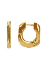 Orecchini a cerchio in oro con un design irregolare e texturizzato. Presentano una superficie liscia e una piccola chiusura a cerniera per un indossamento sicuro.