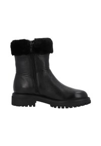 Botines de cuero negro con puño de piel sintética, cremallera lateral y suela de goma resistente, con una textura lisa y tacón bajo y ancho.