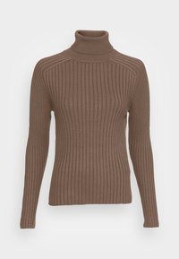 Brauner gerippter Rollkragenpullover mit langen Ärmeln. Hat ein enganliegendes Design und einen glatten, strukturierten Stoff. Keine sichtbaren Muster oder Akzente.