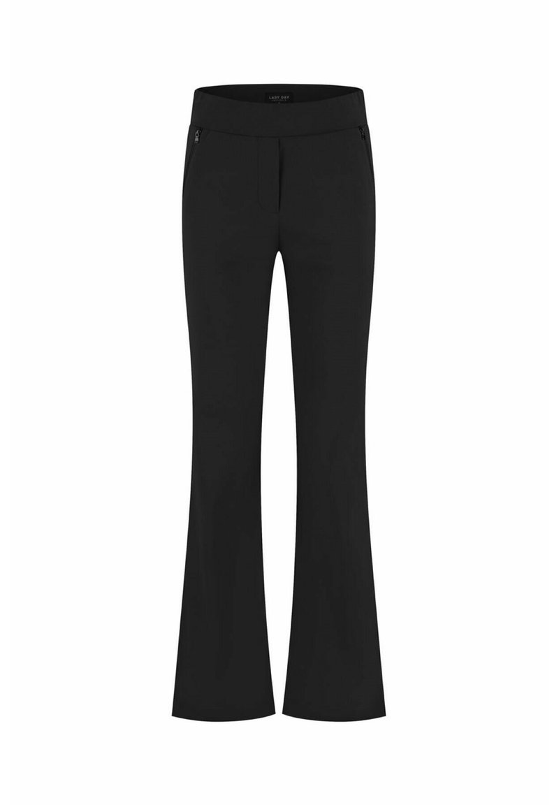 Zwarte flared broek met een brede tailleband, ritssluitingen aan de voorzakken en een gladde, gestructureerde stof voor comfort.