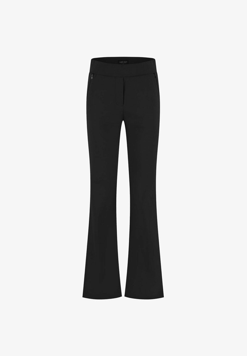 Zwarte flared broek met een brede tailleband, ritssluitingen aan de voorzakken en een gladde, gestructureerde stof voor comfort.