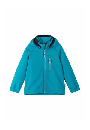 Blaue Kapuzenjacke mit Frontreißverschluss und Brusttasche mit Reißverschluss, elastischen Bündchen und schwarzem Innenfutter an der Kapuze, dargestellt auf weißem Hintergrund.