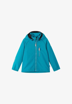 Veste à capuche bleue avec fermeture éclair frontale et poche poitrine zippée, poignets élastiques et doublure intérieure noire sur la capuche, présentée sur fond blanc.