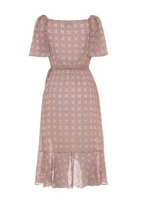 Musterkleid mit kurzen Puffärmeln, quadratischem Ausschnitt und ausgestellt geschnittenem Saum. Der Stoff weist ein geometrisches Design in Pink und Grün auf.