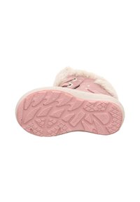 Rosa Stiefel mit einer strukturierten Gummisohle, flauschigem Innenfutter und metallischen Akzenten sowie einem dekorativen Sternmuster an der Oberseite.