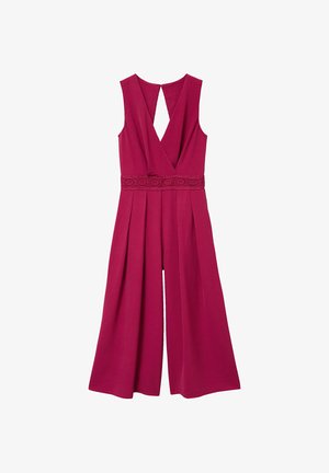 Sleeveless magenta jumpsuit with V-neck, keyhole back, wide legs, and embroidered waistband detail.