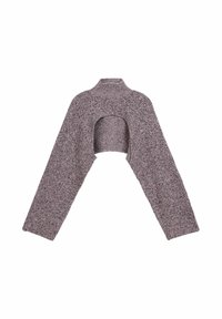 Kort strikket sweater shrug i grå-lilla nuance med lange ærmer og høj hals, designet til kun at dække skuldre og arme.