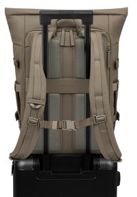 Beige vielseitiger Rucksack mit gepolsterten Trägern, Mesh-Details und integriertem Trolley-Schlitz, entworfen für das Reisen. Glatte Textur mit verstellbaren Beschlägen.