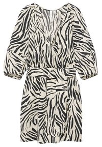 Wrap dress in cream with black zebra stripes, featuring a V-neckline, 3/4 sleeves, and a matching belt at the waist. Smooth fabric texture.