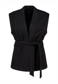 Zwarte mouwloze vest met een gestructureerd patroon, open voorkant en een ceintuur in de taille. Heeft een gladde, zachte stof en een ontspannen pasvorm.