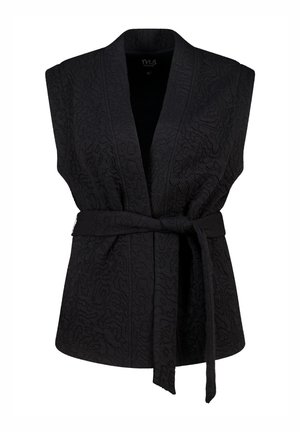 Zwarte mouwloze vest met een gestructureerd patroon, open voorkant en een ceintuur in de taille. Heeft een gladde, zachte stof en een ontspannen pasvorm.