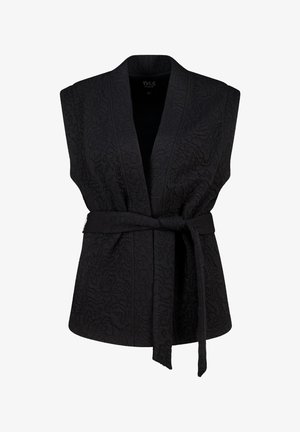 Zwarte mouwloze vest met een gestructureerd patroon, open voorkant en een ceintuur in de taille. Heeft een gladde, zachte stof en een ontspannen pasvorm.