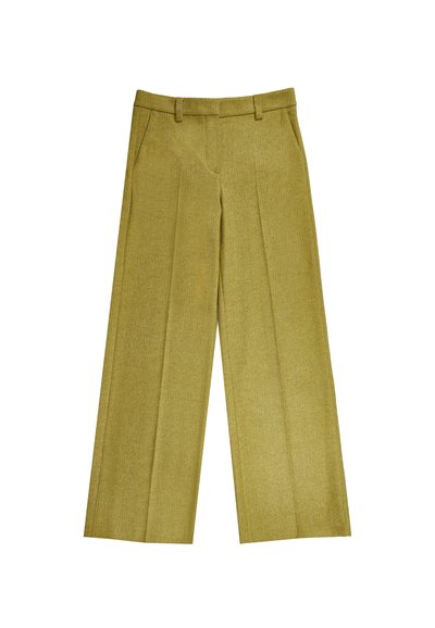 Olijfgroene wollen blend wijde broek met voorplooien, zijzakken, riemlussen en een verborgen sluiting aan de voorkant.