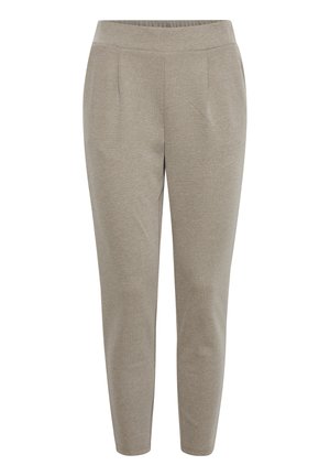 Pantaloni grigi chiari, affusolati, con una consistenza morbida, vita elasticizzata e pince frontali. Presentano nessuna tasca visibile o hardware distintivo.